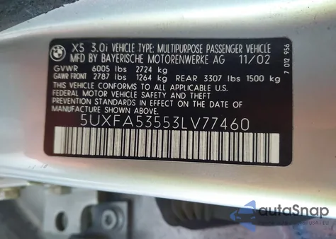 2003 BMW X5 3.0I from USA, damaged, VIN 5UXFA53553LV77460